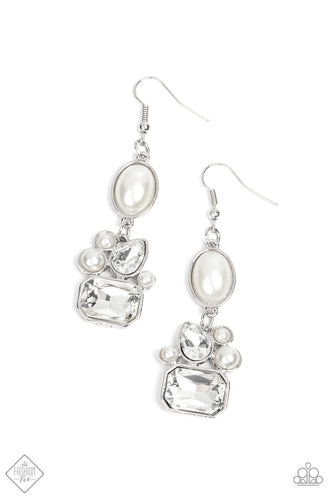 An elegant white oval pearl bead encased in a sleek silver frame gives way to an asymmetrical collection of bubbly pearl beads and sparkling teardrop and emerald cut rhinestones, resulting in an exquisite lure. Earring attaches to a standard fishhook fitting.  Sold as one pair of post earrings.  Fashion Fix