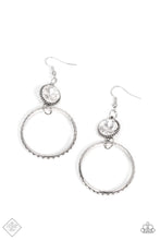 Load image into Gallery viewer, The outer edge of a silver ring is stamped with a flattened dot motif as it swings below a dramatic white rhinestone that sparkles inside a daintily dotted antiqued silver frame, creating an upscale, edgy modern lure. Earring attaches to a standard fishhook fitting.  Sold as one pair of earrings.  Fashion Fix
