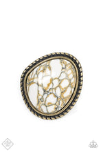 Load image into Gallery viewer, An earthy brown and white marbled stone is pressed into a rustic brass frame adorned with rope-like texture, creating a rustic centerpiece atop the finger. Features a stretchy band for a flexible fit.  Sold as one individual ring.
