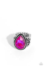 Load image into Gallery viewer, Featuring an iridescent UV finish, an oversized pink teardrop gem is pressed in the center of a textured silver frame atop a thick silver band whirling with silver filigree. Features a stretchy band for a flexible fit.
