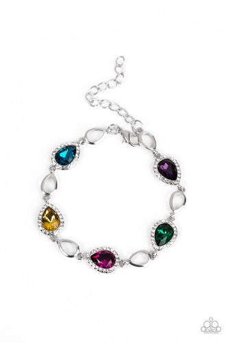 Bordered in glassy white rhinestones, glittery multicolored teardrop gems link with airy silver teardrop frames around the wrist for a timeless twinkle. Features an adjustable clasp closure.