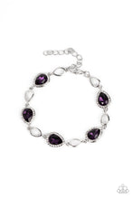 Load image into Gallery viewer, Bordered in glassy white rhinestones, glittery purple teardrop gems link with airy silver teardrop frames around the wrist for a timeless twinkle. Features an adjustable clasp closure.  Sold as one individual bracelet.
