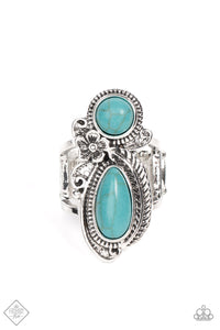 Whimsical feather and floral accents coalesce into antiqued silver frames that wrap around a pair of stacked round and teardrop turquoise stones. The ornate collection sits atop layered silver bands, creating an earthy rustic statement atop the finger. Features a stretchy band for a flexible fit.  Sold as one individual ring.  New Kit Fashion Fix