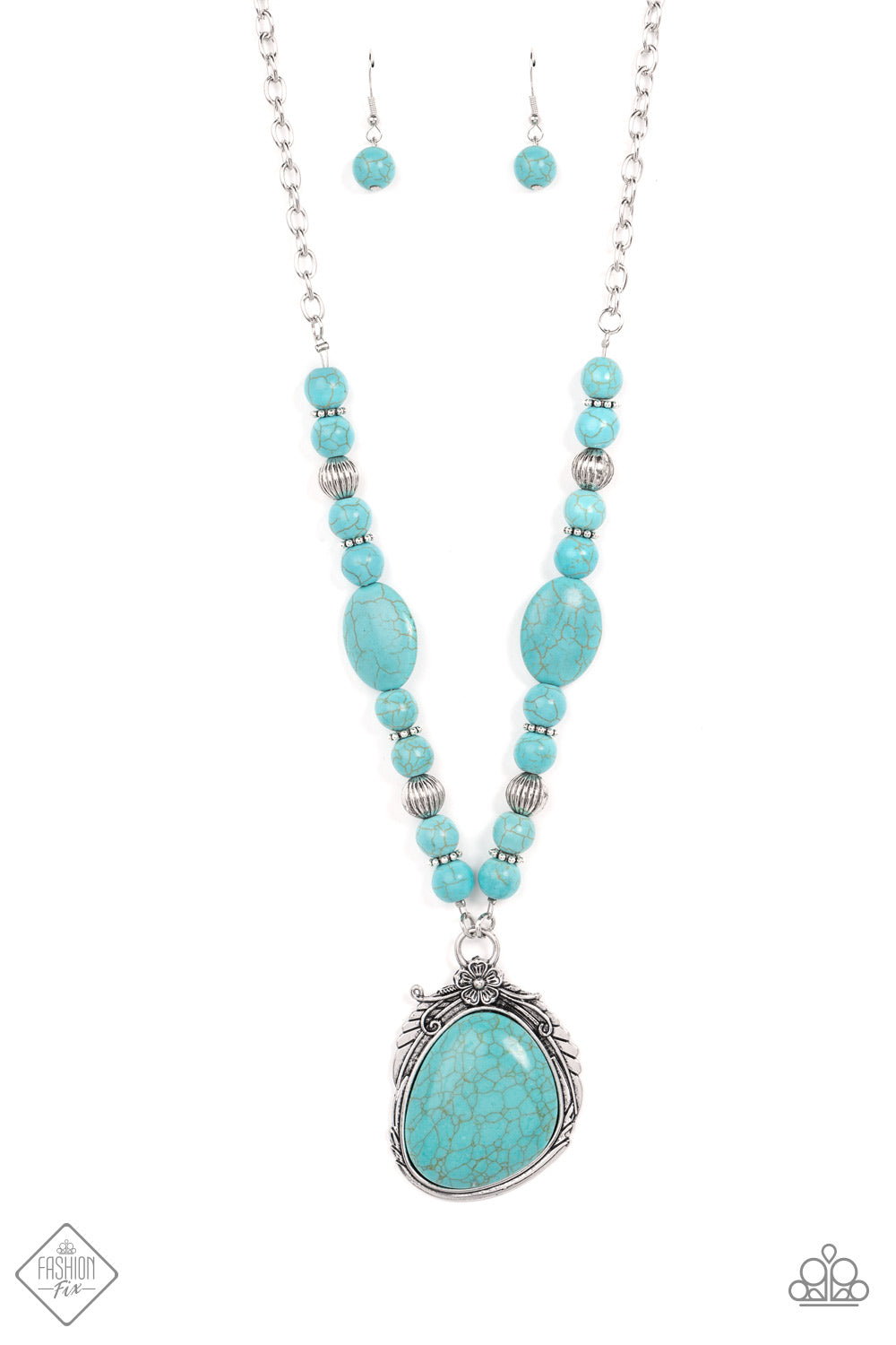 A lengthened silver chain flows into a succession of polished turquoise beads and silver accents. The flowy display gives way to an opulent turquoise stone that is pressed into an ornate silver frame. Adorned with fanciful antiqued silver flower, vine, and feather-like motifs, the elegantly rustic pendant makes a striking impact. Features an adjustable clasp closure.  Sold as one individual necklace. Includes one pair of matching earrings.  New Kit Fashion Fix