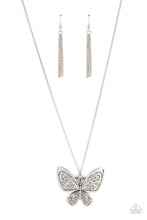 Load image into Gallery viewer, Filled with frilly filigree details, a rustic silver butterfly flutters from the bottom of an extended silver chain for a whimsical fashion. Features an adjustable clasp closure.
