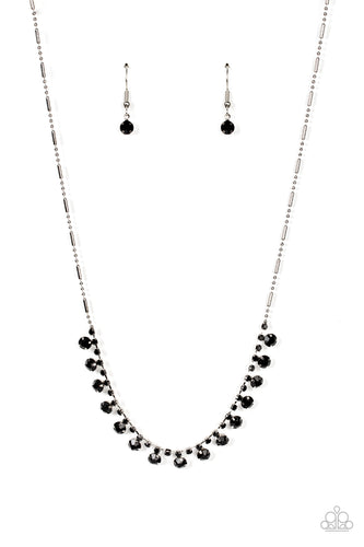 A glittery row of glassy black rhinestones dances from the bottom of a dainty strand of black rhinestones below the collar, creating a mic-dropping dazzle. Features an adjustable clasp closure. 