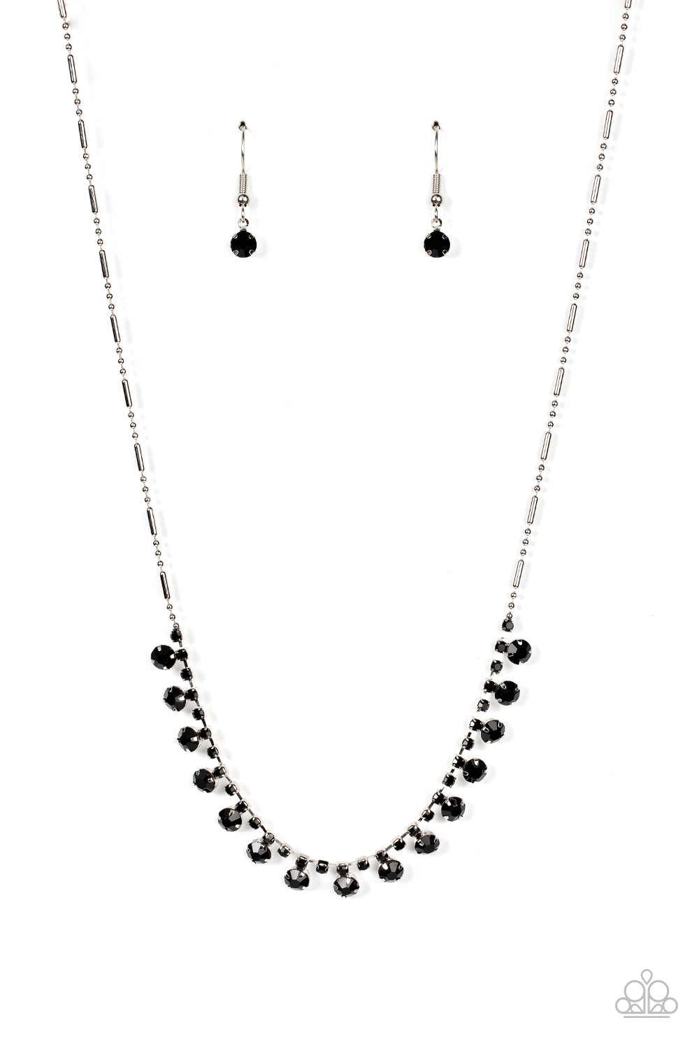 A glittery row of glassy black rhinestones dances from the bottom of a dainty strand of black rhinestones below the collar, creating a mic-dropping dazzle. Features an adjustable clasp closure. 
