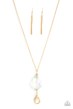 Load image into Gallery viewer, A dramatically oversized iridescent teardrop gem swings from the bottom of a lengthened gold chain, resulting in out-of-this-world sparkle. A lobster clasp hangs from the bottom of the design to allow a name badge or other item to be attached. Features an adjustable clasp closure.
