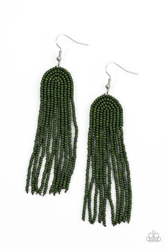 Strands of Olive Branch seed beads gently curve into the arch of a rainbow, resulting in a tasseled bohemian fashion. Earring attaches to a standard fishhook fitting.