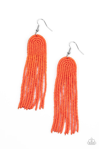 Strands of Burnt Orange seed beads gently curve into the arch of a rainbow, resulting in a tasseled bohemian fashion. Earring attaches to a standard post fitting.