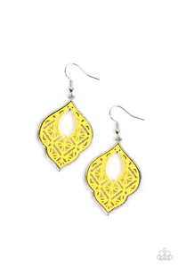 Painted in a sunny Illuminating finish, a floral tile-like pattern blooms inside a scalloped silver frame for a whimsical floral look. Earring attaches to a standard fishhook fitting.