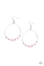 Load image into Gallery viewer, Infused with dainty silver accents, opaque and glassy pink beads glide along a wire hoop for an ethereal pop of color. Earring attaches to a standard fishhook fitting. 
