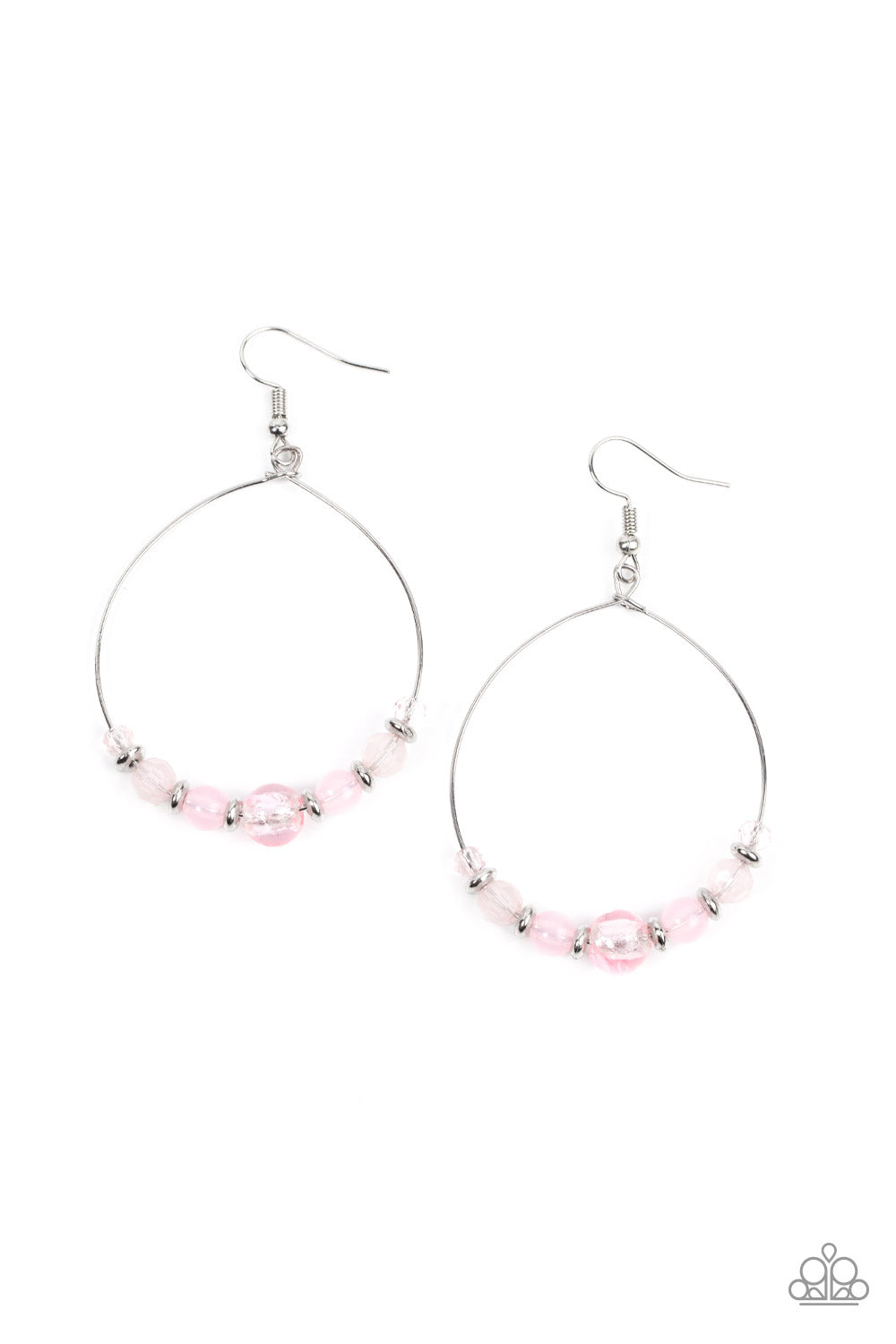 Infused with dainty silver accents, opaque and glassy pink beads glide along a wire hoop for an ethereal pop of color. Earring attaches to a standard fishhook fitting. 