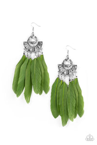 Oversized green feathers swing from the bottom of an ornately hammered and stacked silver frame, resulting in a flirtatiously colorful fringe. Earring attaches to a standard fishhook fitting. 