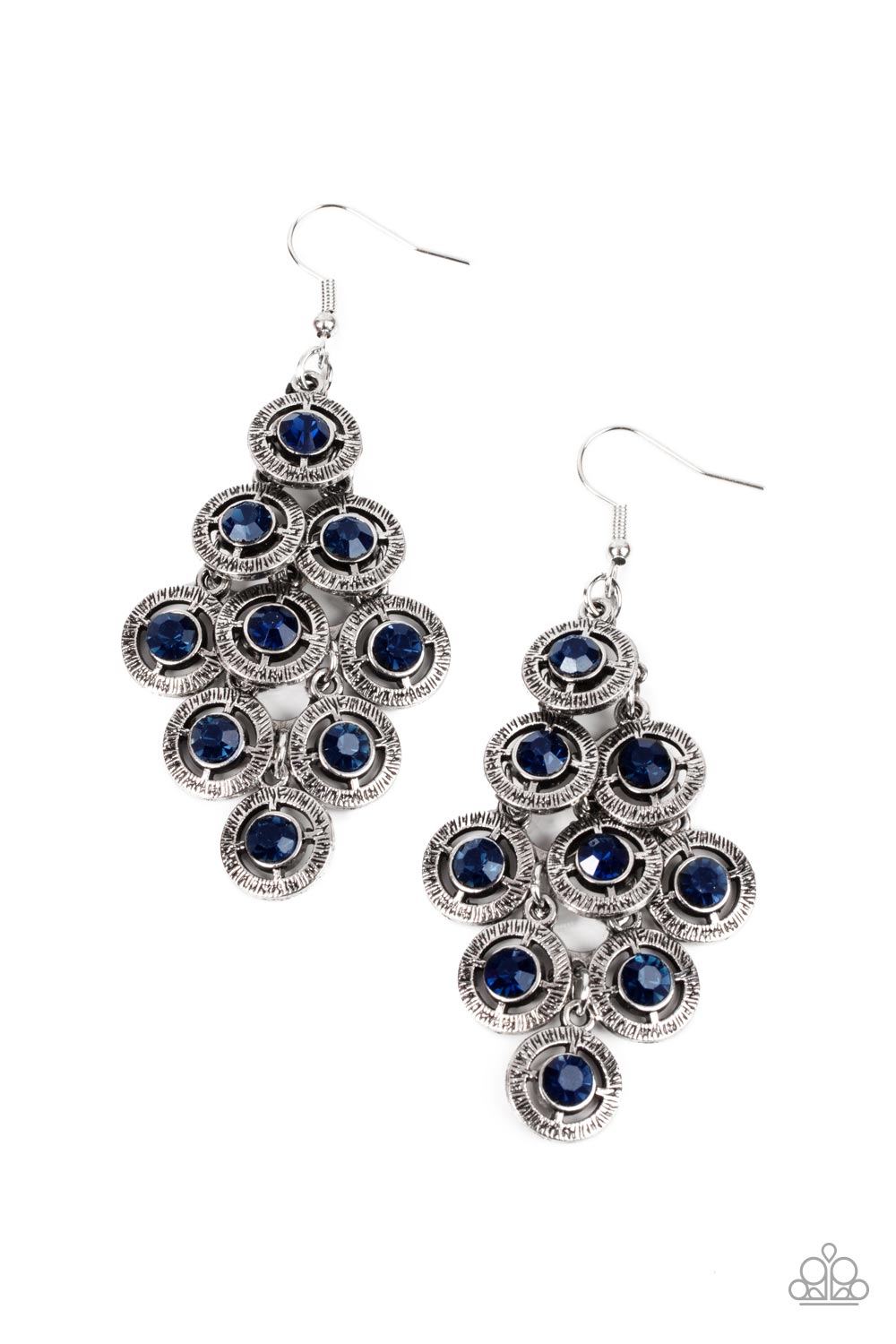 Dotted with blue rhinestone centers, tiers of textured silver frames cascade from a metallic backdrop for a stellar tasseled look. Earring attaches to a standard fishhook fitting. 