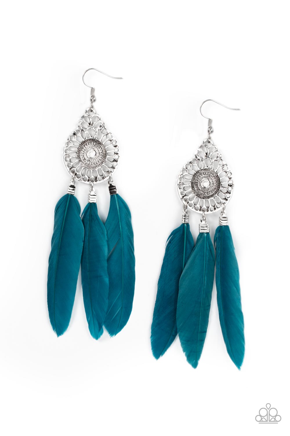 Three Mykonos Blue feathers swing from the bottom of a dizzying silver frame featuring airy filigree detail, resulting in a flirtatiously colorful fringe. Earring attaches to a standard fishhook fitting.