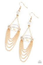 Load image into Gallery viewer, Tiers of dainty gold chains delicately layer from an oversized oval iridescent gem that is suspended from a faceted white crystal-like bead, resulting in an ethereal chandelier. Earring attaches to a standard fishhook fitting. 
