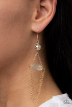 Load image into Gallery viewer, Tiers of dainty gold chains delicately layer from an oversized oval iridescent gem that is suspended from a faceted white crystal-like bead, resulting in an ethereal chandelier. Earring attaches to a standard fishhook fitting. 
