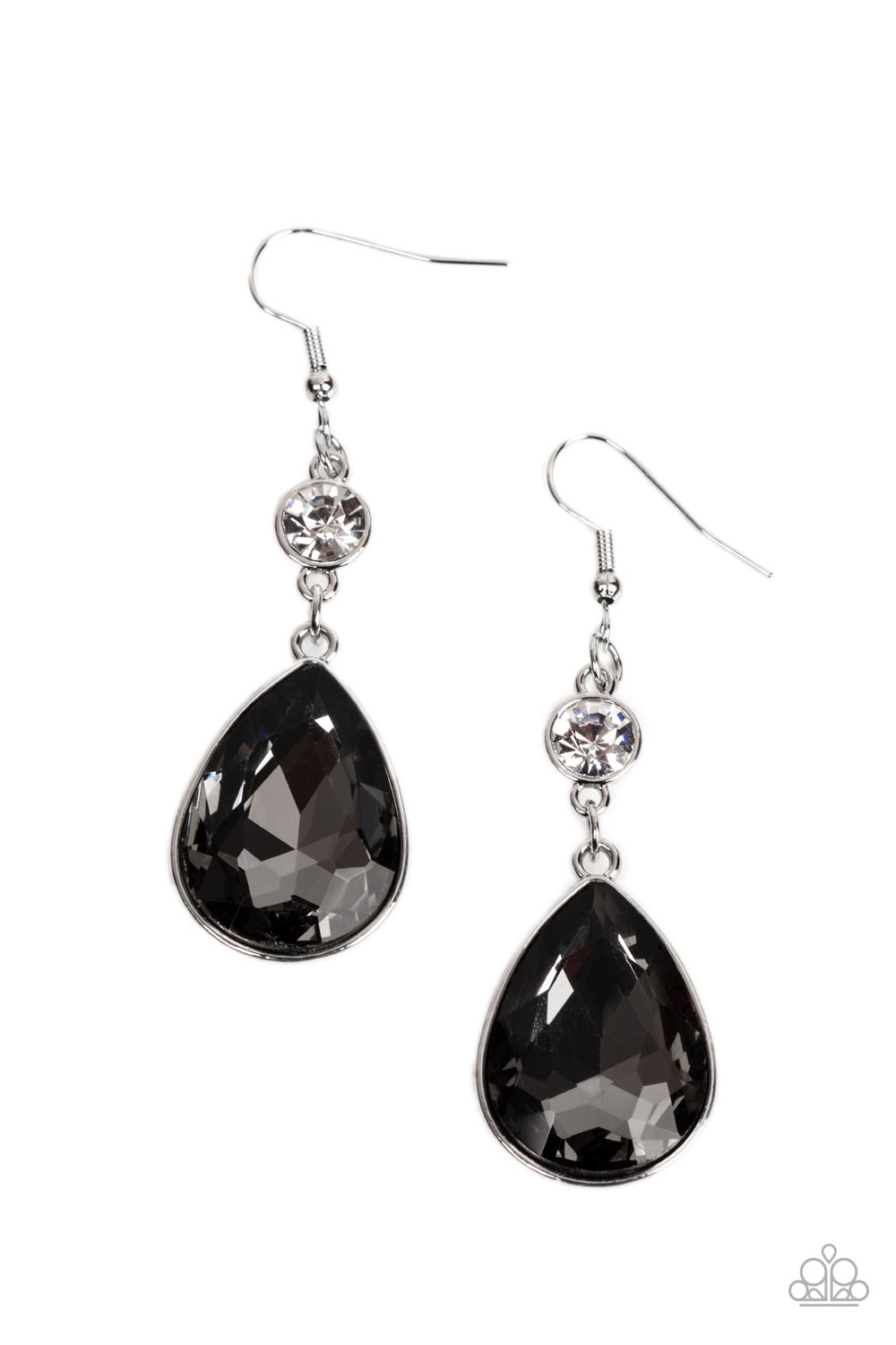 Encased in a sleek silver frame, a dramatically oversized smoky teardrop gem swings from a solitaire white rhinestone for an unapologetic sparkle. Earring attaches to a standard fishhook fitting.