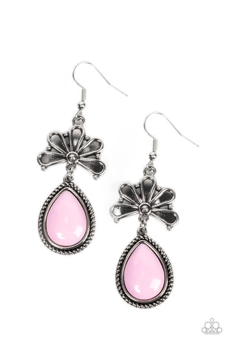 Bordered in a silver ropelike frame, a shiny pink teardrop bead swings from the bottom of an antiqued floral frame for a whimsical fashion. Earring attaches to a standard fishhook fitting.