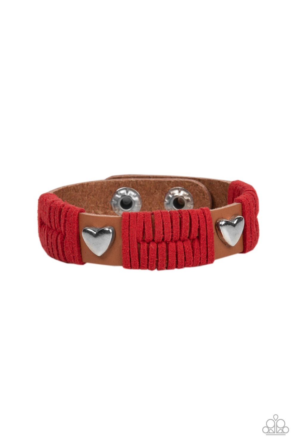 Sections of red suede laces wrap around spliced sections of a brown leather band. A pair of silver heart frames stud the front of the band, adding romantic charm to the rustic centerpiece. Features an adjustable snap closure.