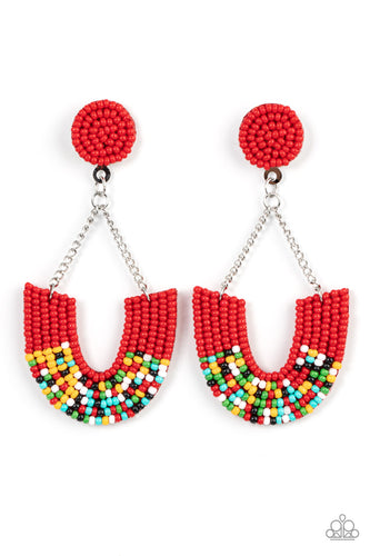 Adorned in sections of red and multicolored seed beaded accents, a colorful rainbow swings from the bottom of shimmery silver chains that attach to a red seed beaded disc for a bohemian inspired fashion. Earring attaches to a standard post fitting. 