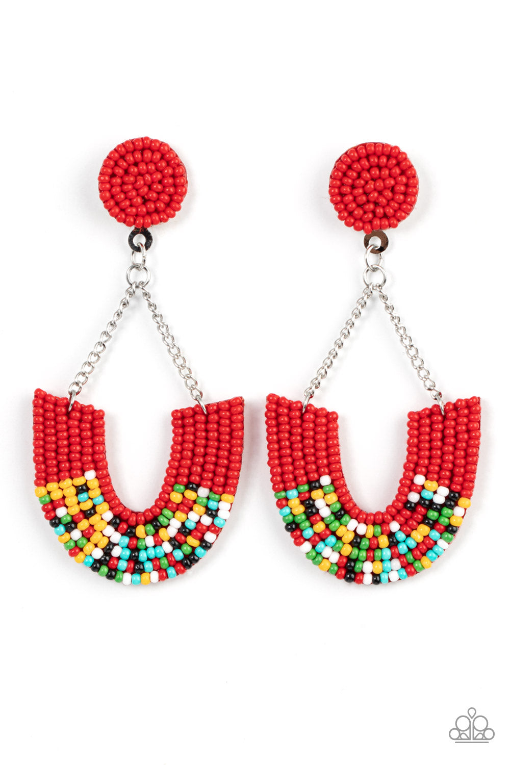 Adorned in sections of red and multicolored seed beaded accents, a colorful rainbow swings from the bottom of shimmery silver chains that attach to a red seed beaded disc for a bohemian inspired fashion. Earring attaches to a standard post fitting. 