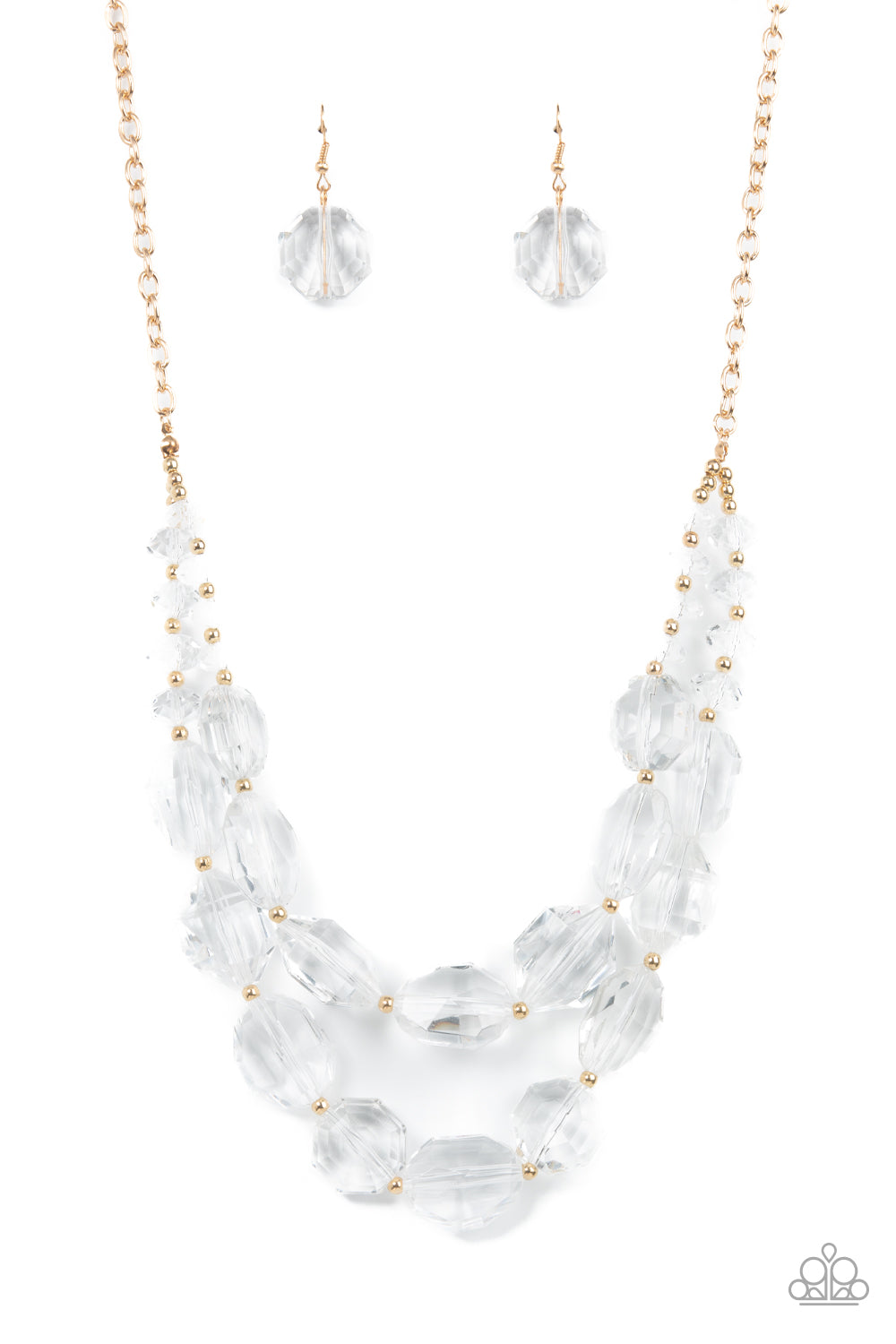 Separated by dainty gold beads, an icy collection of oversized and faceted white gems are threaded along invisible wires below the collar, resulting in prismatic layers. Features an adjustable clasp closure.