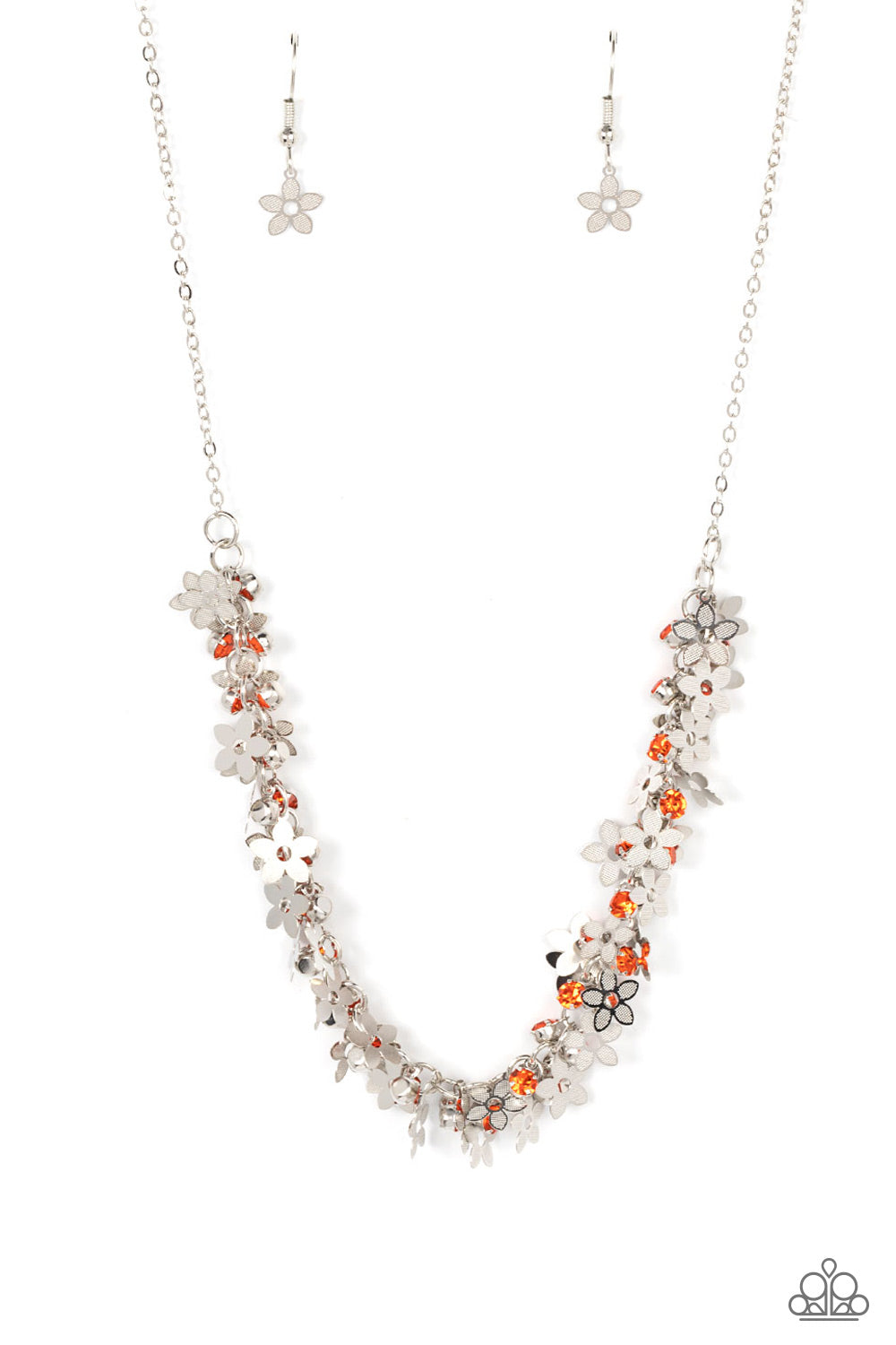 Featuring textured petals, a dainty collection of silver flower frames and glassy orange rhinestones delicately cluster along the bottom of a silver chain for a flirtatious floral look below the collar. Features an adjustable clasp closure.