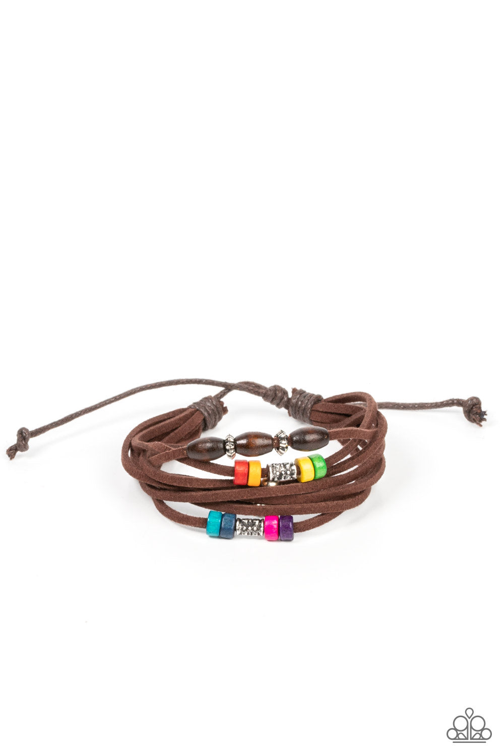 An earthy assortment of silver beads, textured silver accents, and multicolored wooden beads glides along layered strands of rustic brown suede, resulting in a whimsically layered centerpiece. Features an adjustable sliding knot closure. 