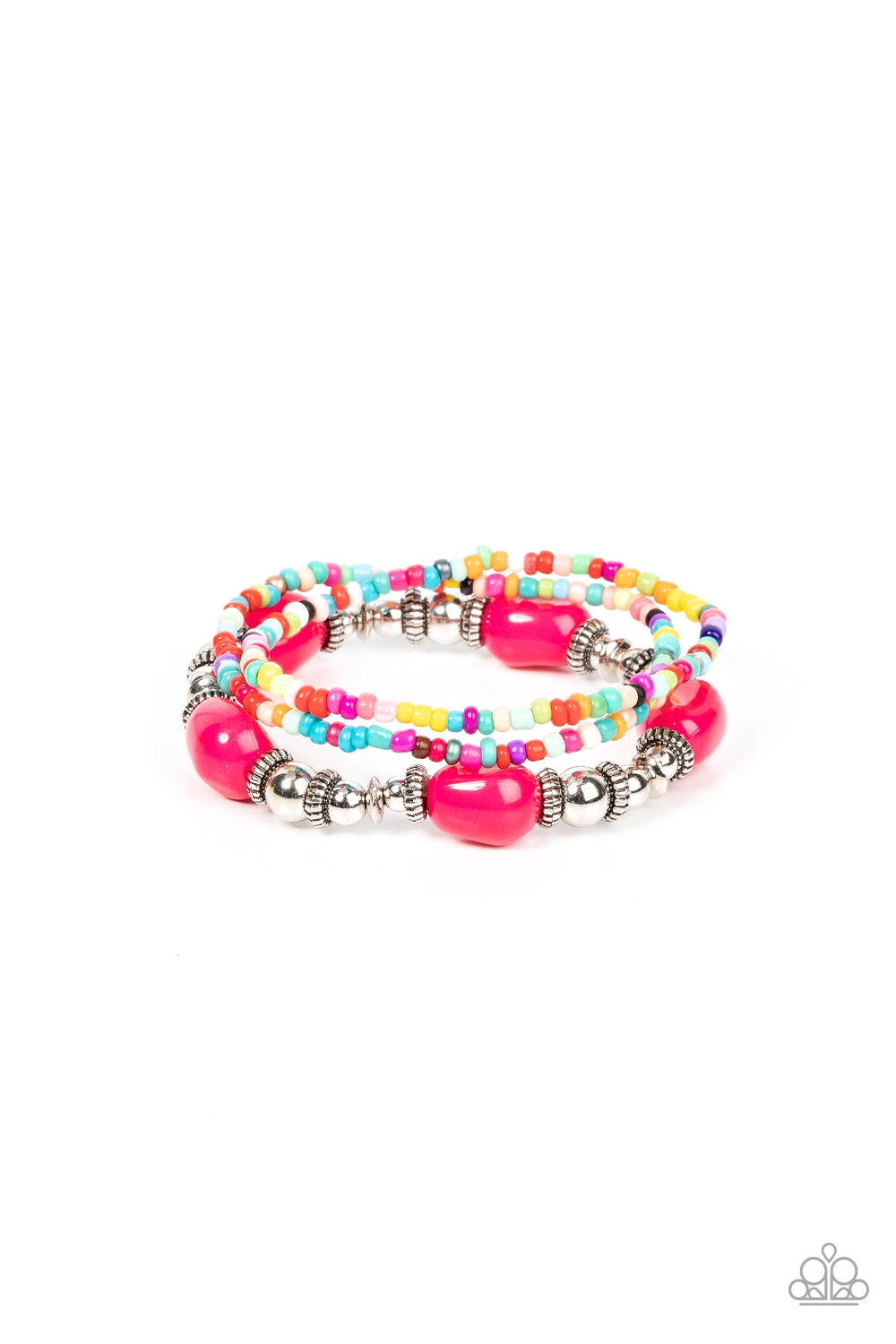 A pair of multicolored seed beaded stretchy bracelets joins a stretchy strand of shiny silver beads, textured silver accents, and faceted pink beads around the wrist, creating colorful layers. 