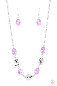  Featuring asymmetrical faceted finishes, a shimmery collection of shiny silver and iridescent purple beads links below the collar for an interstellar inspired fashion. Features an adjustable clasp closure.
