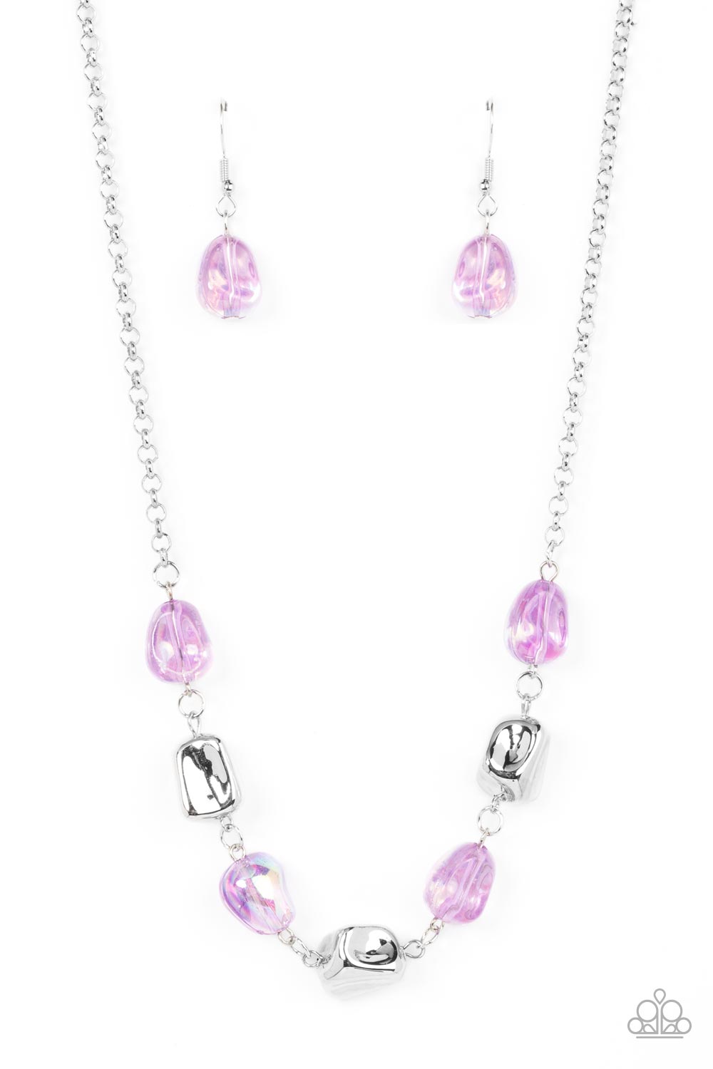  Featuring asymmetrical faceted finishes, a shimmery collection of shiny silver and iridescent purple beads links below the collar for an interstellar inspired fashion. Features an adjustable clasp closure.