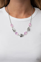 Load image into Gallery viewer,  Featuring asymmetrical faceted finishes, a shimmery collection of shiny silver and iridescent purple beads links below the collar for an interstellar inspired fashion. Features an adjustable clasp closure.
