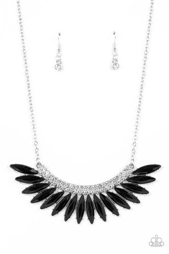 A faceted row of marquise cut black beads fans out from the bottom of a curved silver frame extravagantly embellished in glassy white rhinestones, coalescing in a flauntable centerpiece below the collar. Features an adjustable clasp closure.