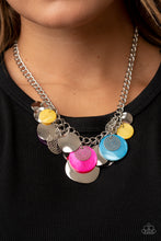 Load image into Gallery viewer, A summery collection of bent silver discs, multicolored shell-like discs, and silver mandala-like accents cascades from a pair of layered silver chains, resulting in a bubbly and boisterous fringe below the collar. Features an adjustable clasp closure. 
