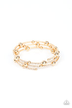 Load image into Gallery viewer, Spontaneously interrupted by glistening gold beads, a sparkly strand of white rhinestones coils around the wrist, resulting in an irresistible infinity wrap bracelet.
