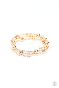 Spontaneously interrupted by glistening gold beads, a sparkly strand of white rhinestones coils around the wrist, resulting in an irresistible infinity wrap bracelet.