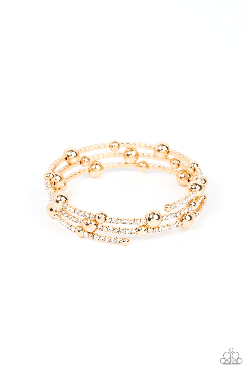 Spontaneously interrupted by glistening gold beads, a sparkly strand of white rhinestones coils around the wrist, resulting in an irresistible infinity wrap bracelet.