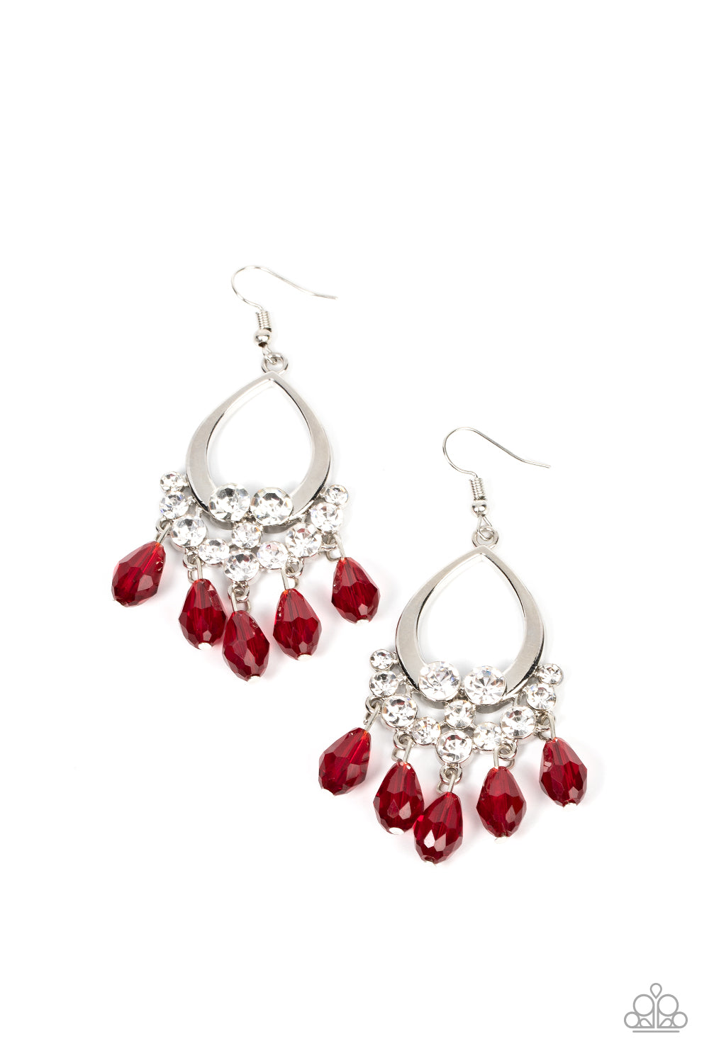Faceted red teardrop gems cascade from a collection of bubbly white rhinestones at the bottom of a shiny silver teardrop frame, creating a glamorous fringe. Earring attaches to a standard fishhook fitting.