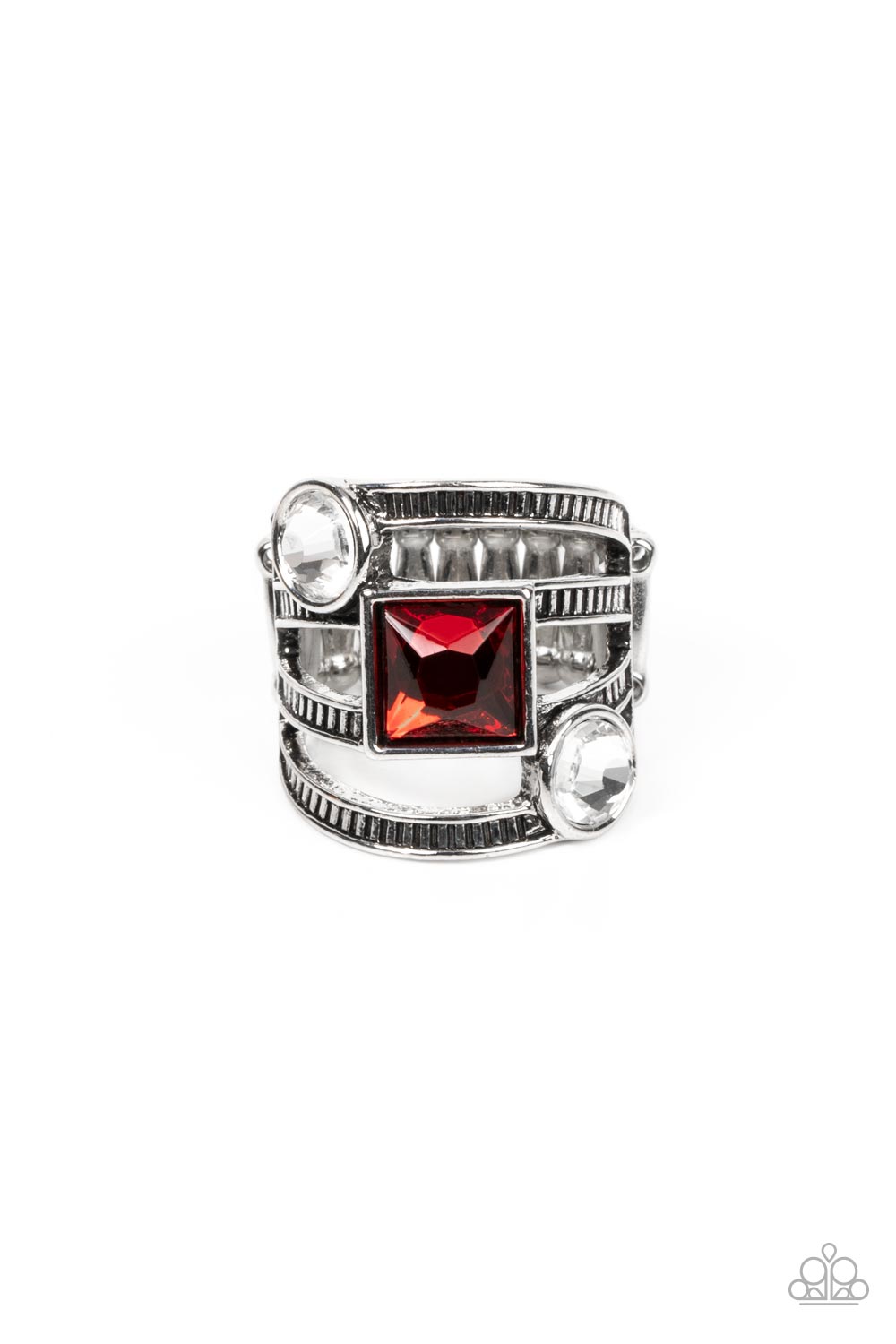 A row of oversized round white and square red rhinestones slant across layers of textured silver bands, stacking into a glitzy frame atop the finger. Features a stretchy band for a flexible fit. 