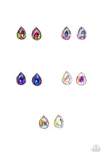 Load image into Gallery viewer, Encased in sleek silver fittings, the oversized teardrop gems vary in iridescent shades of blue, purple, pink, multicolored, and oil spill. Earrings attach to standard post fittings.
