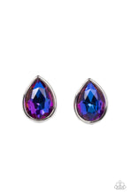 Load image into Gallery viewer, Encased in sleek silver fittings, the oversized teardrop gems vary in iridescent shades of blue, purple, pink, multicolored, and oil spill. Earrings attach to standard post fittings.
