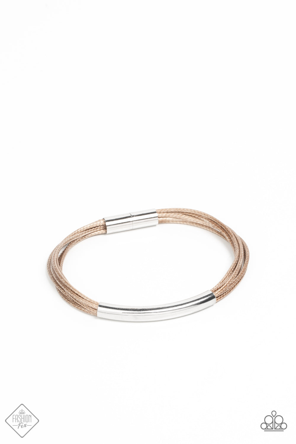 A contemporary curved silver cylinder slides along smooth strands of natural brown cording as they wrap around the wrist. The cording is capped in sleek silver fittings for a modern polished finish. Features a magnetic closure.  Sold as one individual bracelet.  Fashion Fix