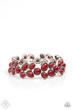 Load image into Gallery viewer, A flourishing collection of red oval, round, and teardrop beads coalesce into abstract floral-inspired frames. The enchanting frames, threaded along stretchy bands, add a vivacious pop of color around the wrist.  Sold as one individual bracelet.
