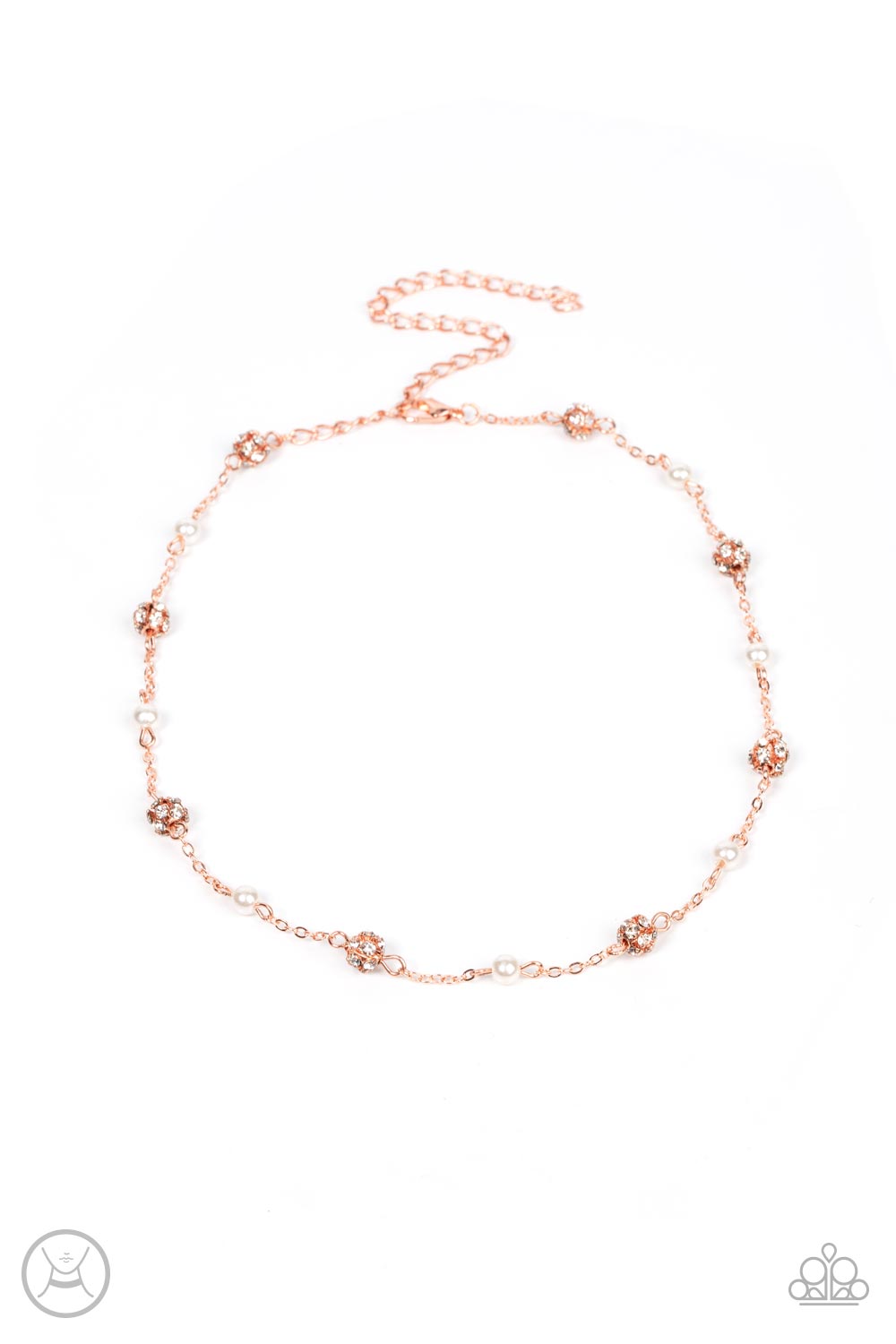 A dainty shiny copper chain dotted in bubbly white pearls and glitzy white rhinestone encrusted beads delicately connects around the neck, resulting in a timeless fashion. Features an adjustable clasp closure.
