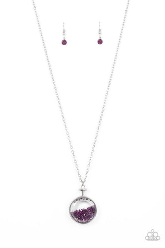 A glitzy collection of twinkly purple crystals sparkle inside a faceted glass and silver fitting, resulting in a glittery trinket at the bottom of an extended silver chain. Features an adjustable clasp closure. 