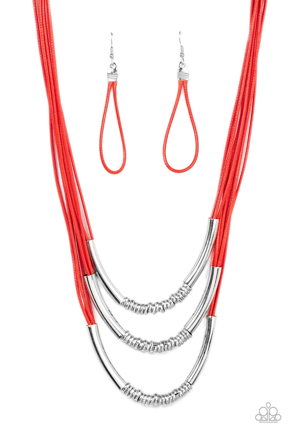 An edgy collection of silver rods and silver rings glide along strands of shiny red cording across the chest, resulting in an urban industrial display. Features an adjustable clasp closure. 
