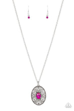 Load image into Gallery viewer, Dainty white rhinestones are sprinkled across silver vine-like filigree that whirls around an oval pink gem center inside of a studded silver frame, resulting in a whimsical pendant at the bottom of a silver chain. Features an adjustable clasp closure.
