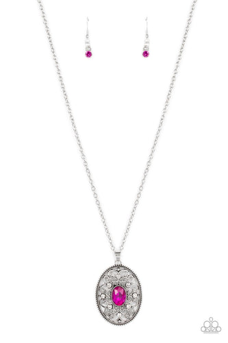 Dainty white rhinestones are sprinkled across silver vine-like filigree that whirls around an oval pink gem center inside of a studded silver frame, resulting in a whimsical pendant at the bottom of a silver chain. Features an adjustable clasp closure.
